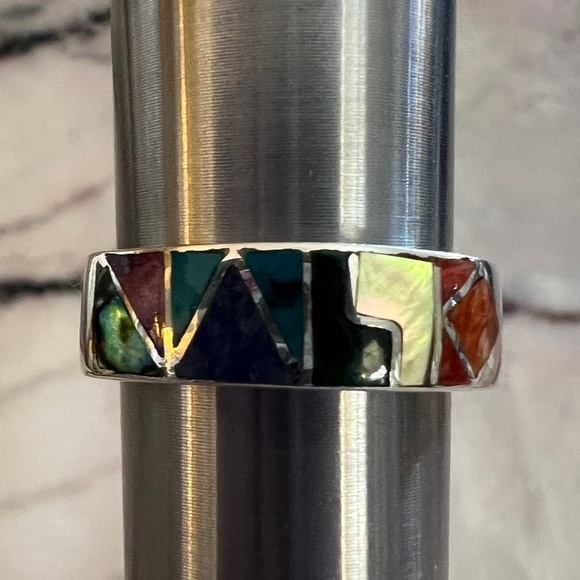 ❤️ Taxco 950 Sterling Silver Peruvian Inlaid Multi-Stone Band Ring Sz 8.5 Unisex - Picture 5 of 11